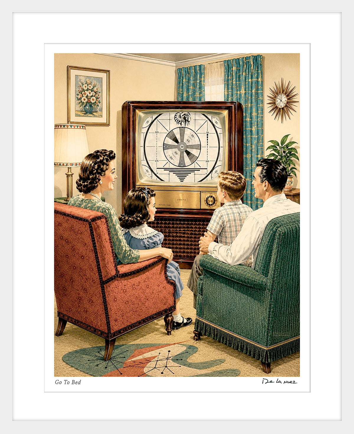 Nelson De La Nuez Go to Bed Print MOHA Museum of Humor Art Vintage Television Family Retro TV Living Room