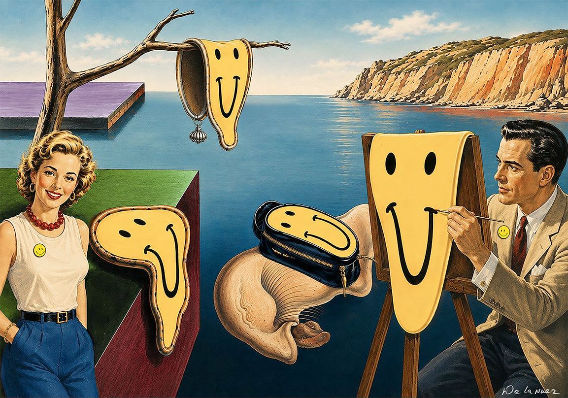 Nelson De La Nuez Happiness is an Illusion Print MOHA Museum of Humor Art Surrealism Salvador Dali Smiley Face