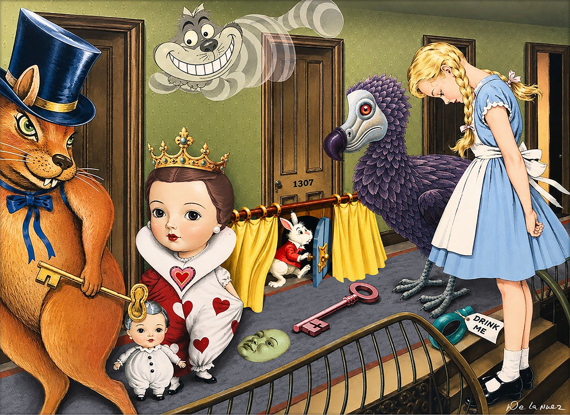Nelson De La Nuez Hotel Wonderland Print MOHA Museum of Humor Art Alice Cheshire Cat Queen of Hearts White Rabbit Surrealism