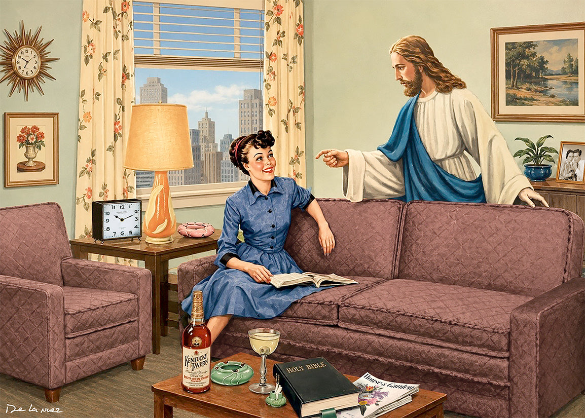 Nelson De La Nuez I Found Jesus...He was Behind the Sofa Print MOHA Museum of Humor Art Religion Parody Jesus Christ Funny Irreverent