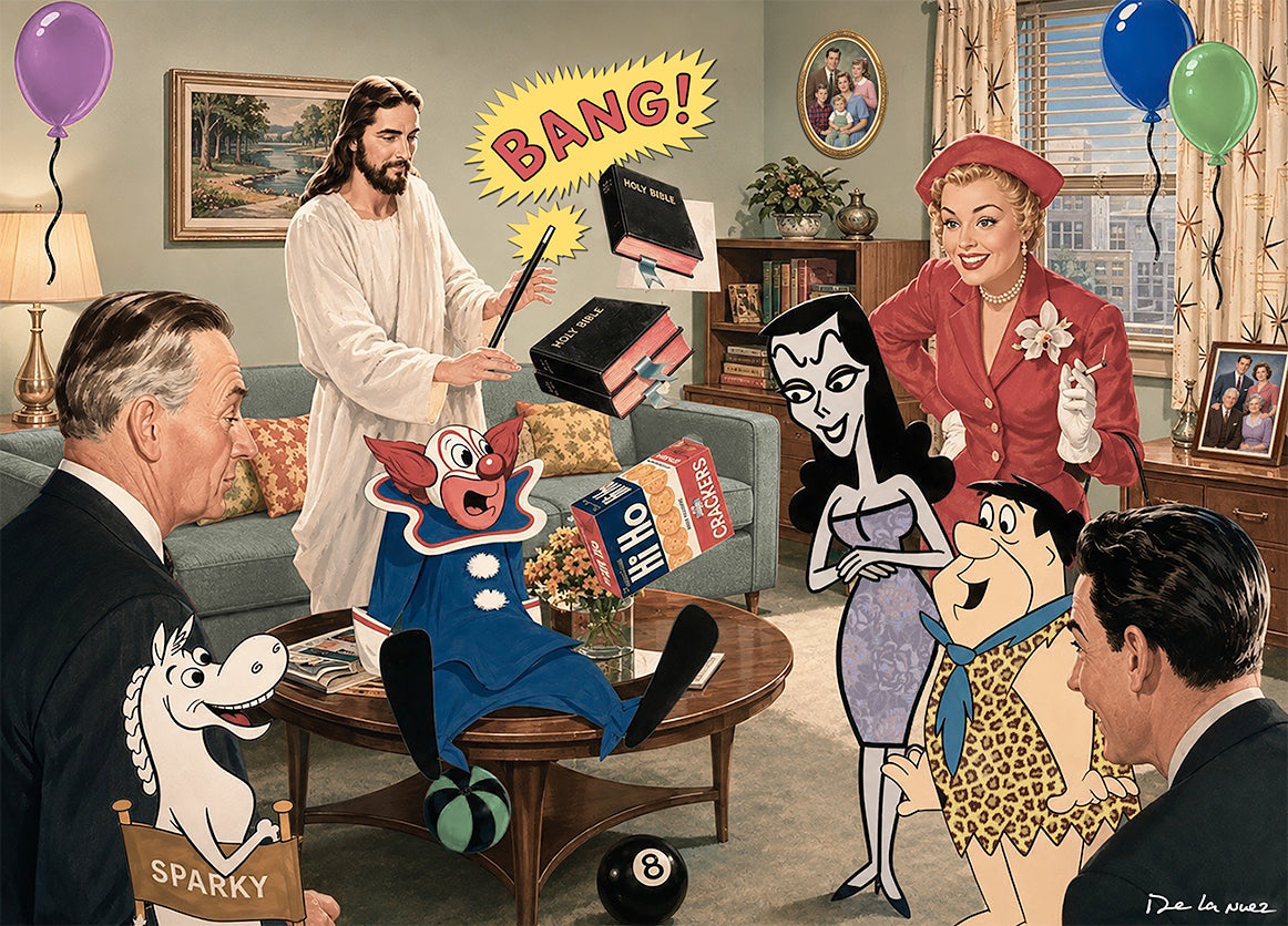 jesus parlor tricks magiz bozo flinstones cartoons nelson de la nuez humor the moha museum