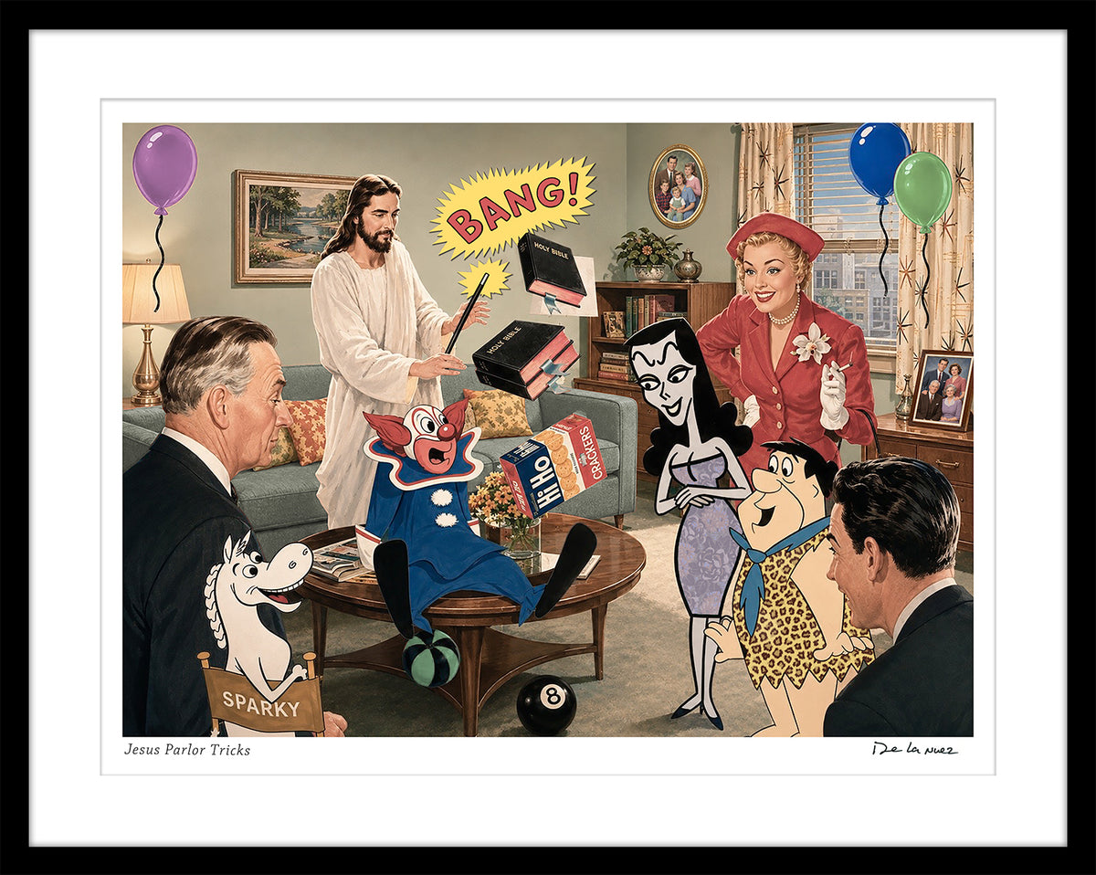 jesus parlor tricks magiz bozo flinstones cartoons nelson de la nuez humor the moha museum