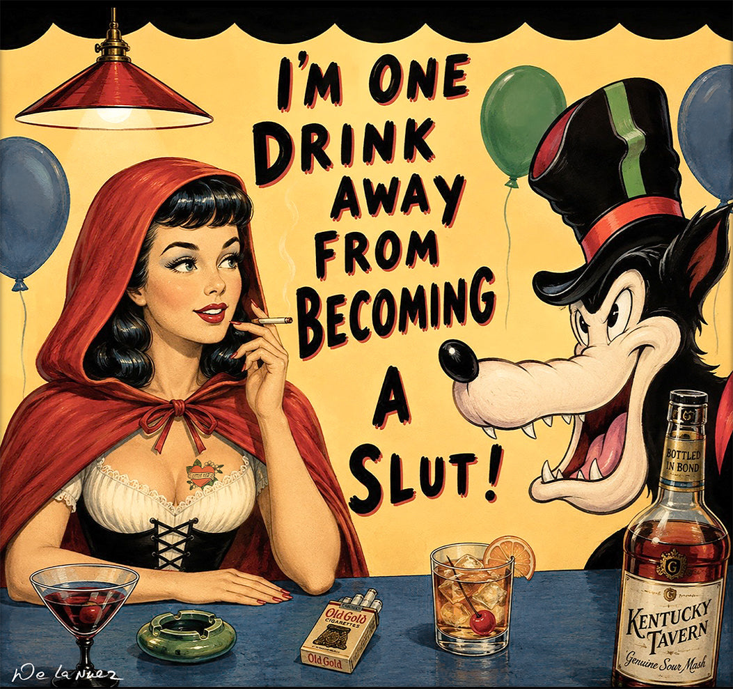 Nelson De La Nuez Last Call Print MOHA Museum of Humor Art Cocktail Bar Drinks Martini Old Fashioned Cigarettes Smoking Cartoon