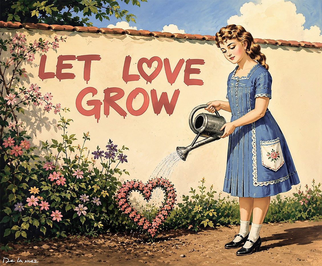 Nelson De La Nuez Let Love Grow Print MOHA Museum of Humor Art Garden Gardening Watering Can Flowers Heart