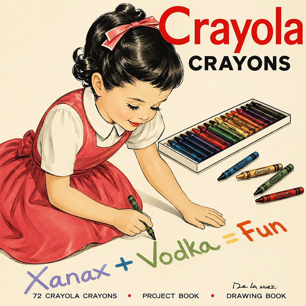 Nelson De La Nuez Mommy's Special Cocktail Print MOHA Museum of Humor Art Xanax Vodka Satire Drink Crayons