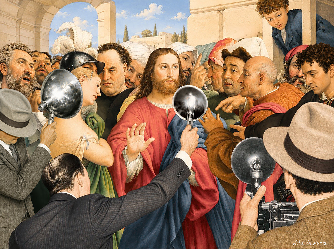 Nelson De La Nuez No Comment Print MOHA Museum of Humor Art Jesus TMZ Press Interview Journalism Hollywood Celebrity Paparazzi Parody 