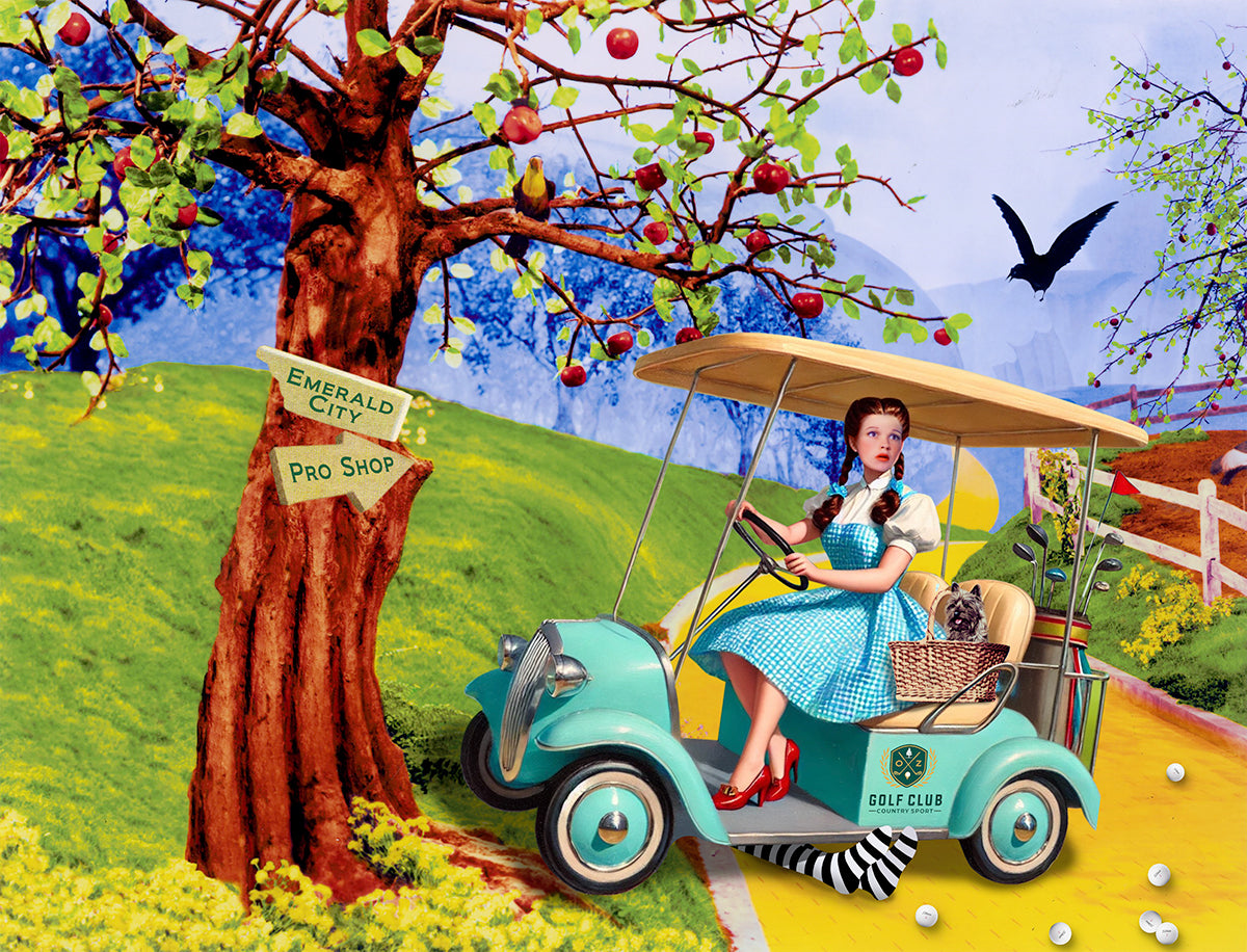 Nelson De La Nuez Off the Yellow Brick Road  Print MOHA Museum of Humor Art Dorothy Wizard of Oz Emerald City Pro Shop Wicked Witch Toto golfing golfer golf cart
