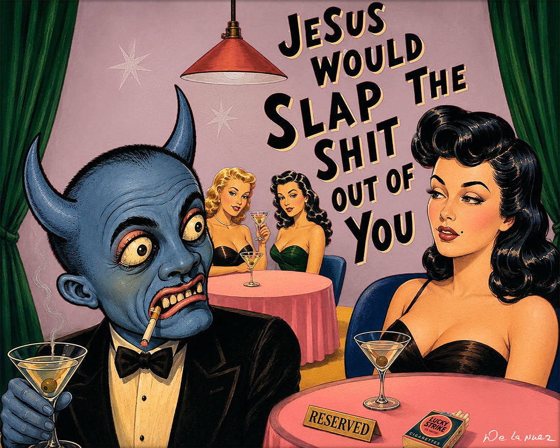 Nelson De La Nuez Purgatory Bar Print MOHA Museum of Humor Art Religion Satire Jesus Drinks Cocktails Bar