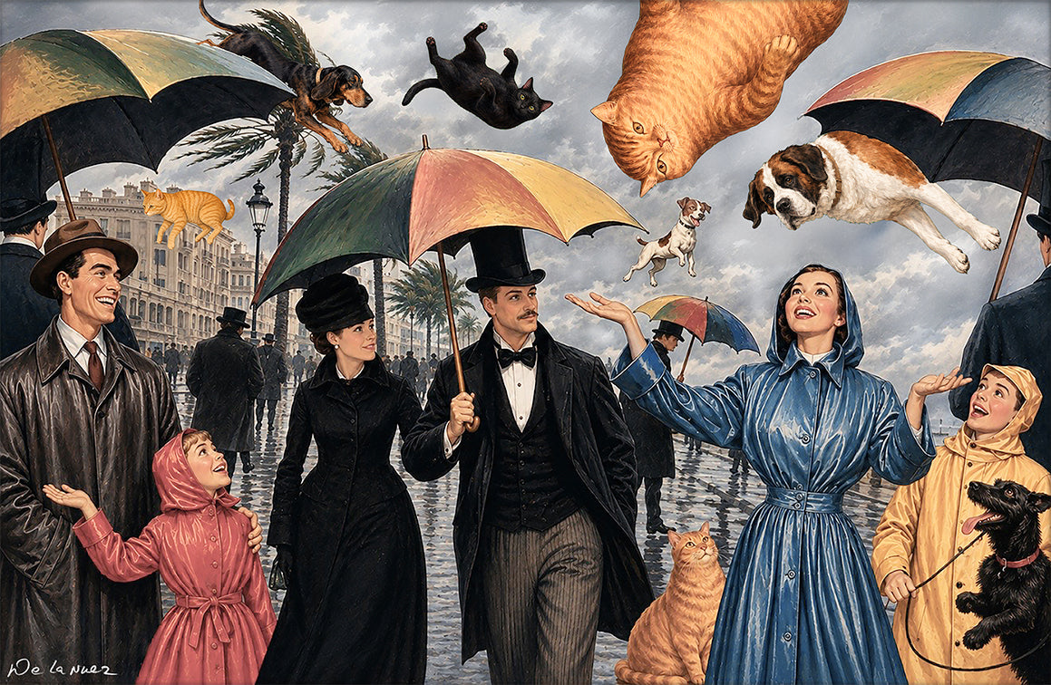 Nelson De La Nuez Raining Cats and Dogs Print MOHA Museum of Humor Art Pets Animals Kitties Puppies Weather Umbrellas 