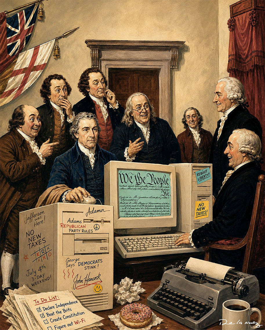 Nelson De La Nuez Rewriting the Constitution Print MOHA Museum of Humor Art History Historical Politics Political Computer Republican Democrat Presidents