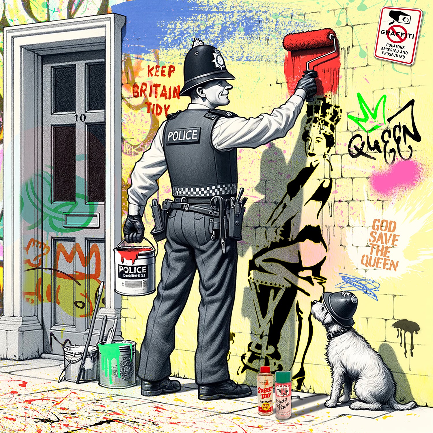 Nelson De La Nuez Royal Scandal Print MOHA Museum of Humor Art Graffiti Street Art The Queen of England UK Britain God Save the Queen Police Cops