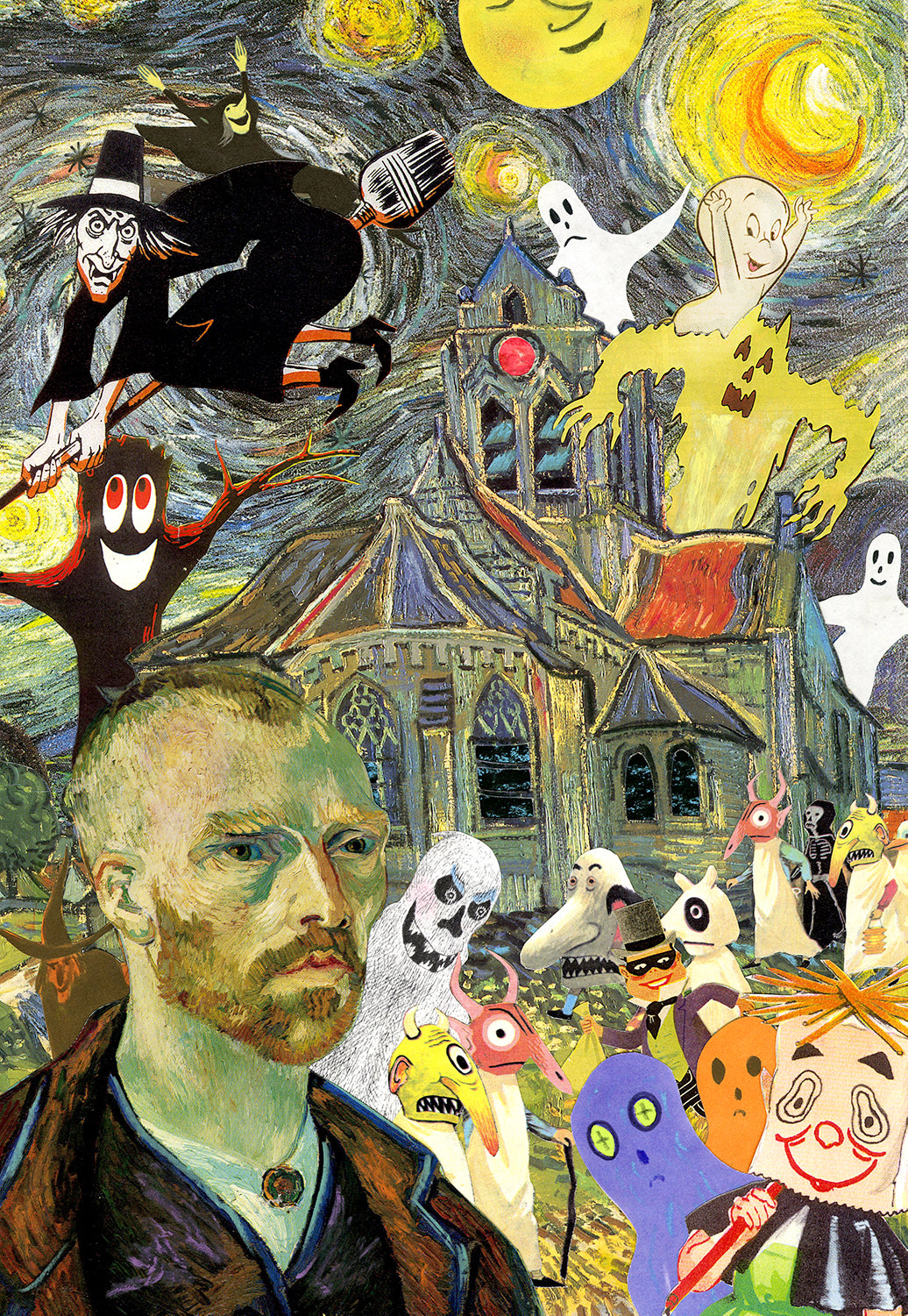 Nelson De La Nuez Scary Scary Night Print MOHA Museum of Humor Art Vincent Van Gogh Starry Night Spooky Halloween Ghosts Witch Haunted House