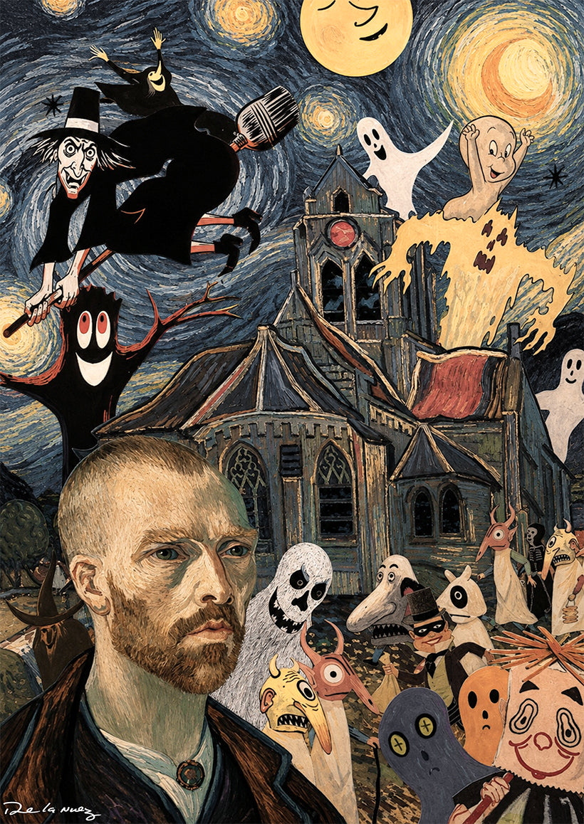 Nelson De La Nuez Scary Scary Night Print MOHA Museum of Humor Art Vincent Van Gogh Starry Night Spooky Halloween Ghosts Witch Haunted House Spooky