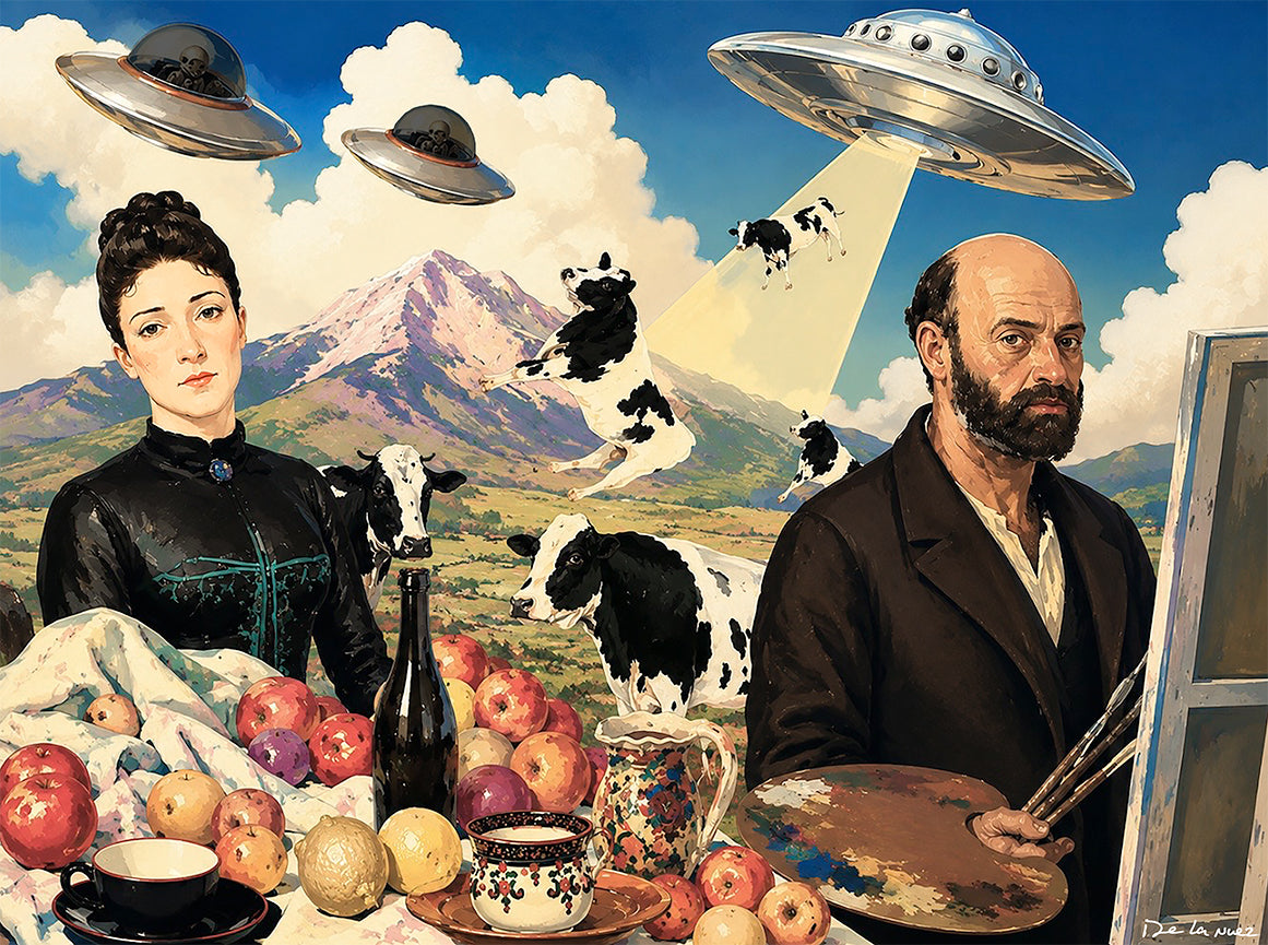 Nelson De La Nuez Still Life With Cow Abduction Print Museum of Humor Art MOHA Aliens Farm Animals UFOs Science Fiction Space