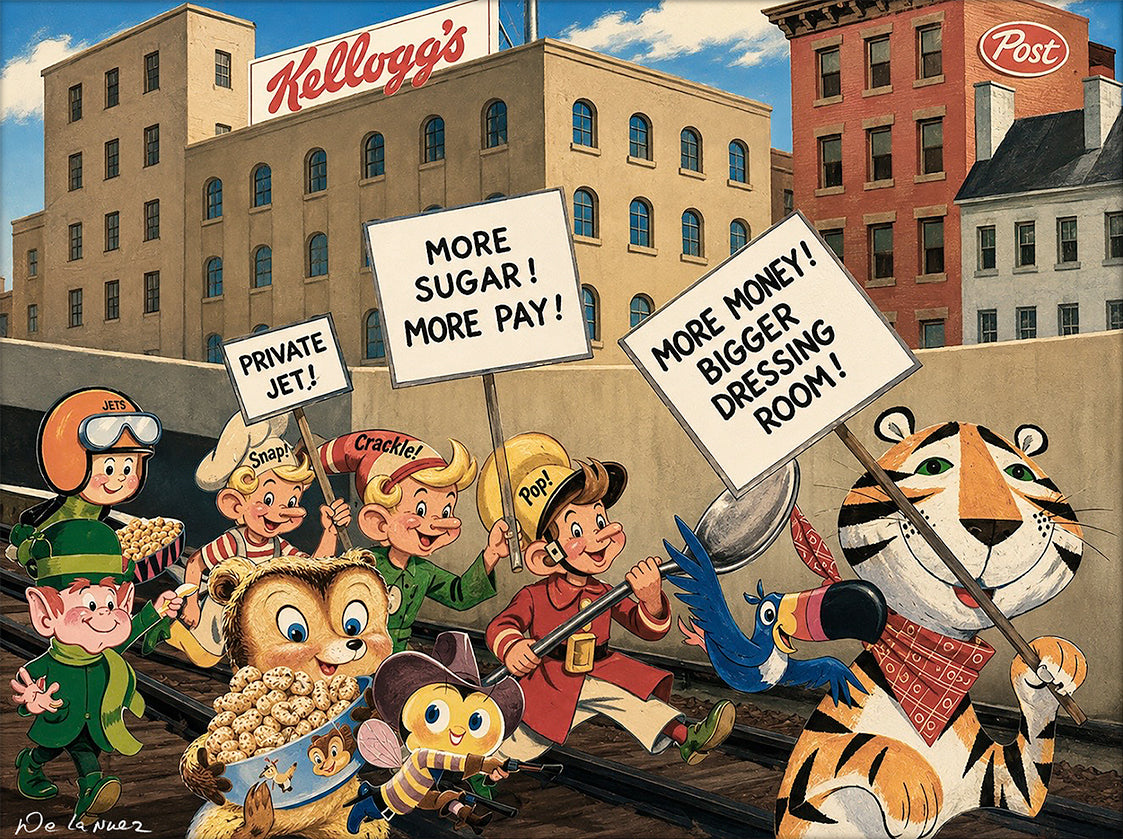 Nelson De La Nuez Sugar Strike Print MOHA Museum of Humor Art Breakfast Cereal Mascots Cartoons