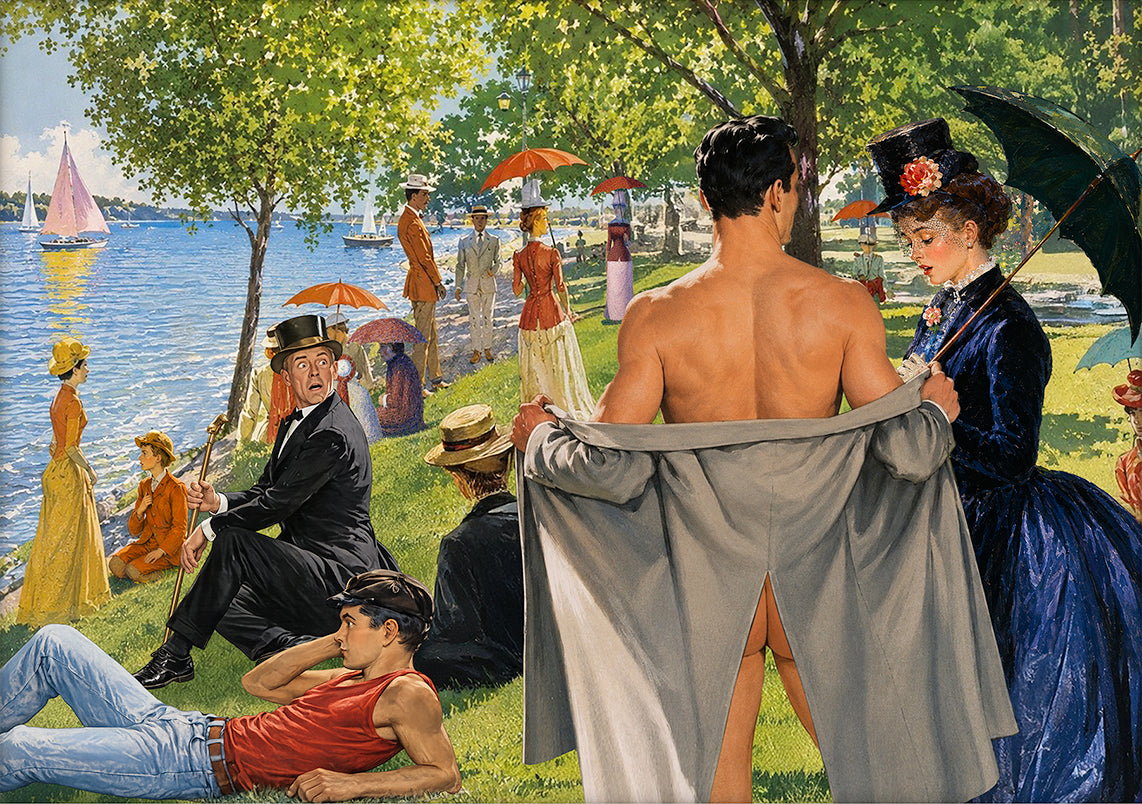 sunday in the park with exhibitionist art history humor art nelson de la nuez MOHA museum satire