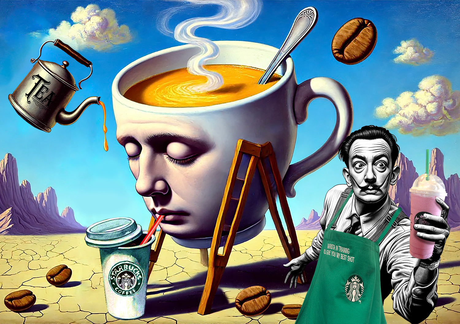 Nelson De La Nuez The Surreal Caffeinated World Print MOHA Museum of Humor Art Surrealism Salvador Dali Caffeine Coffee Tea Starbucks