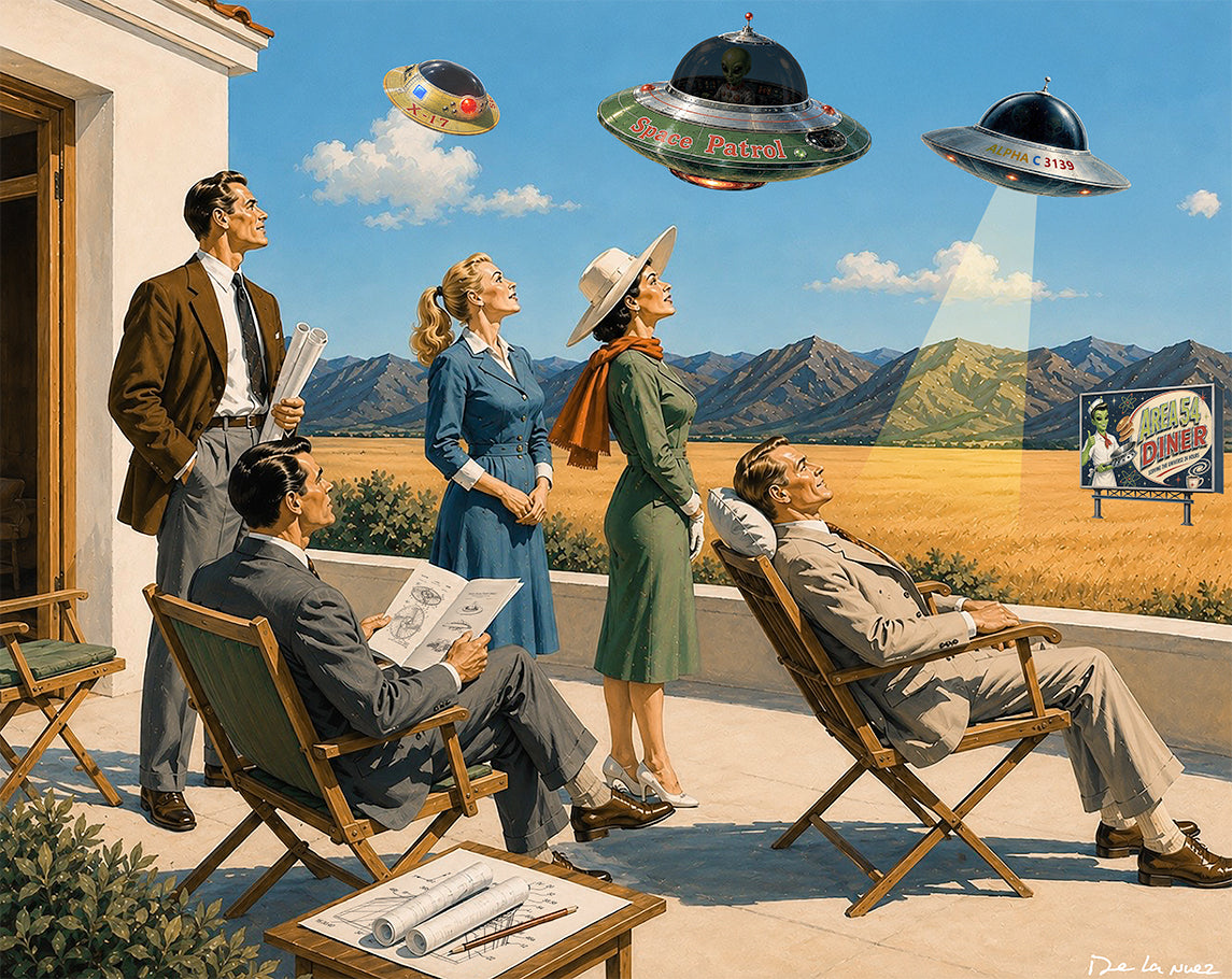 Nelson De La Nuez The Watchers Print MOHA Museum of Humor Art UFO's Space Aliens Desert Area 54 Science Fiction