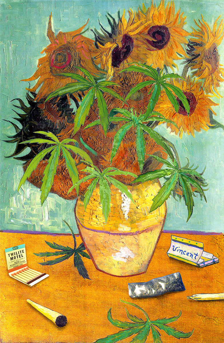 Nelson De La Nuez Vincent Van Joint Print MOHA Museum of Humor Art Vincent Van Gogh Marijuana Plant Cannabis Mary Jane Pot Weed Smoke Smoking Smoker Still Life Flowers Floral Sunflowers Vase