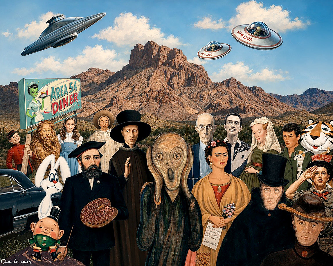 Nelson De La Nuez Waiting to be Abducted by UFO's Print The Museum of Humor Art MOHA Aliens Science Fiction Pop Culture Art History The Scream Area 54 Wizard of Oz
