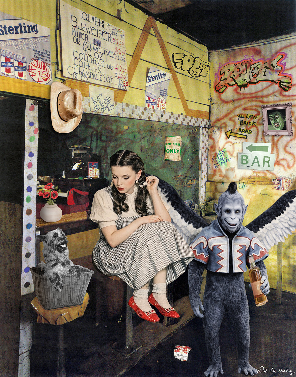 museum of humor art nelson de la nuez wrong side of the rainbow print wizard of oz parody dorothy toto flying monkey graffiti bar